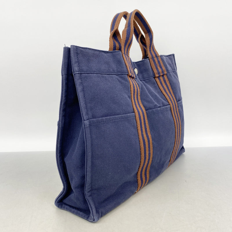 【6id6338】エルメス トートバッグ フールトゥMM キャンバス ネイビー シルバー金具【中古】メンズ レディース ユニセックス