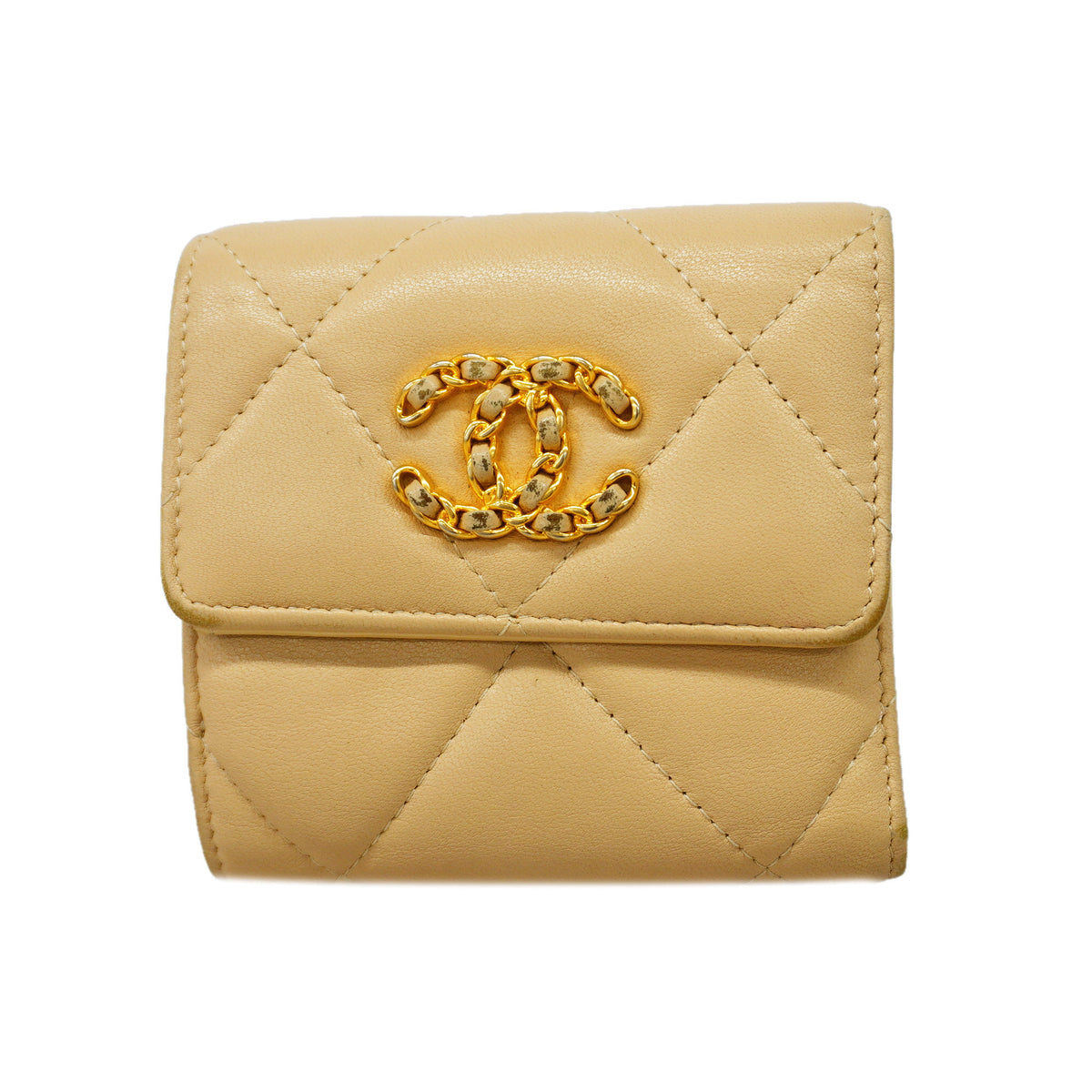 【6id6362】シャネル 三つ折り財布 シャネル19 ラムスキン ベージュ ゴールド金具【中古】レディース