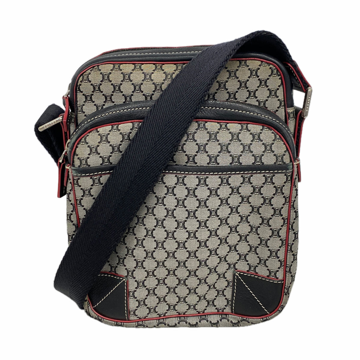 【6ie6470】セリーヌ ショルダーバッグ マカダム ナイロンキャンバス ブラック レッド シルバー金具【中古】メンズ