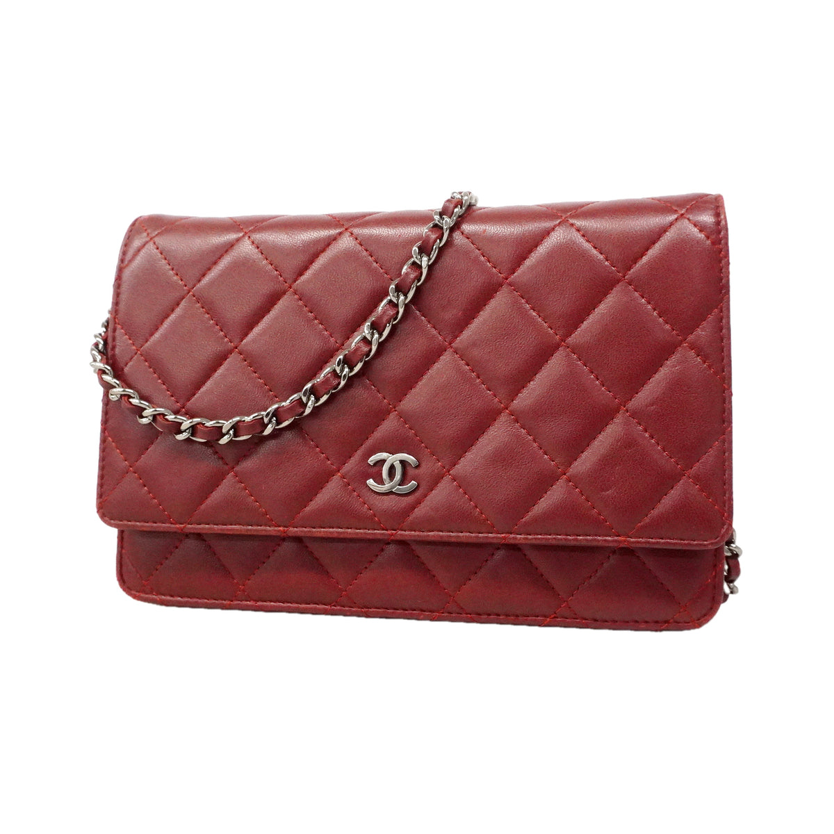 【6ie6484】シャネル ショルダーウォレット マトラッセ チェーンショルダー ラムスキン ボルドー シルバー金具【中古】レディース