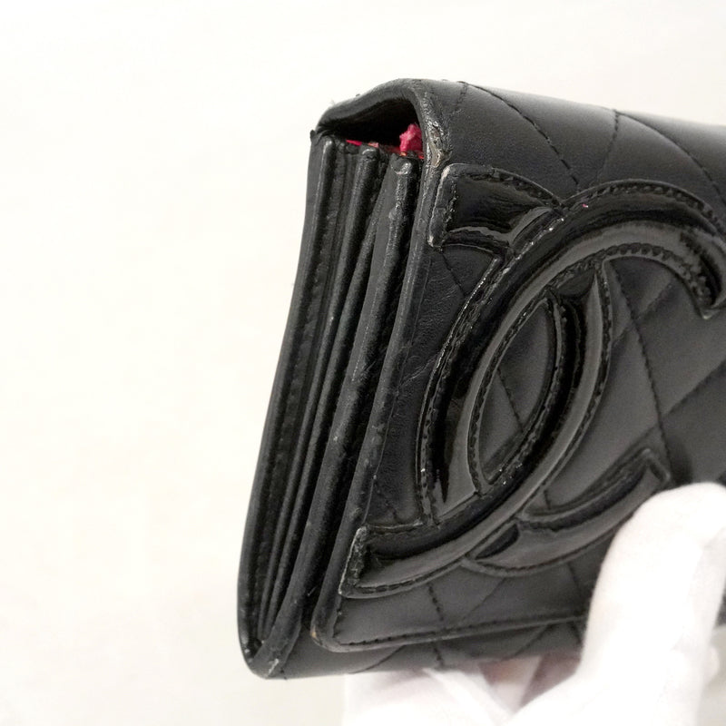 【6ie6611】シャネル 長財布 カンボン ラムスキン ブラック シルバー金具【中古】レディース