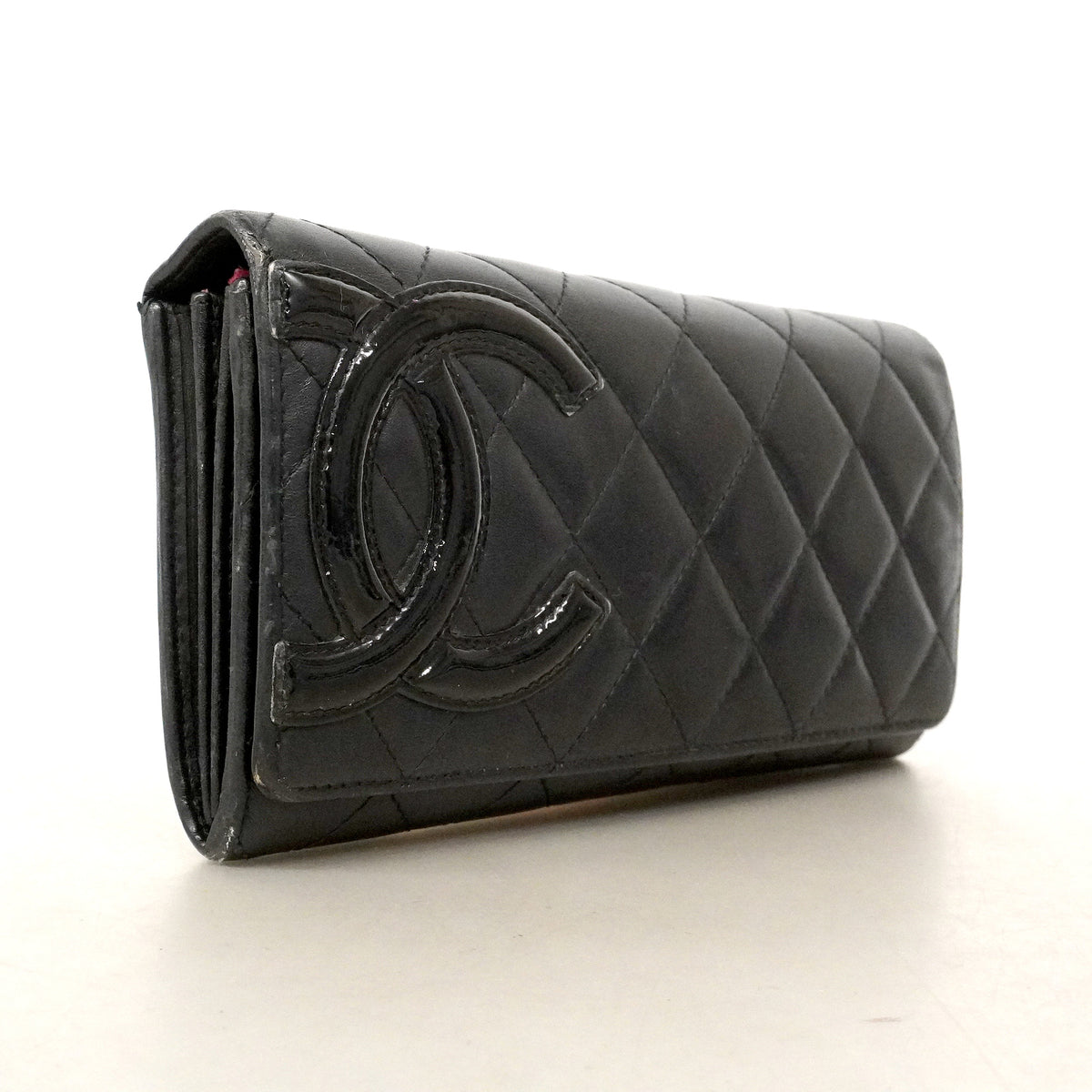 【6ie6611】シャネル 長財布 カンボン ラムスキン ブラック シルバー金具【中古】レディース