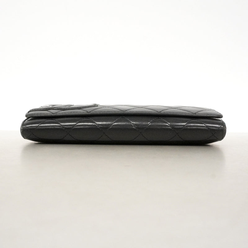 【6ie6611】シャネル 長財布 カンボン ラムスキン ブラック シルバー金具【中古】レディース