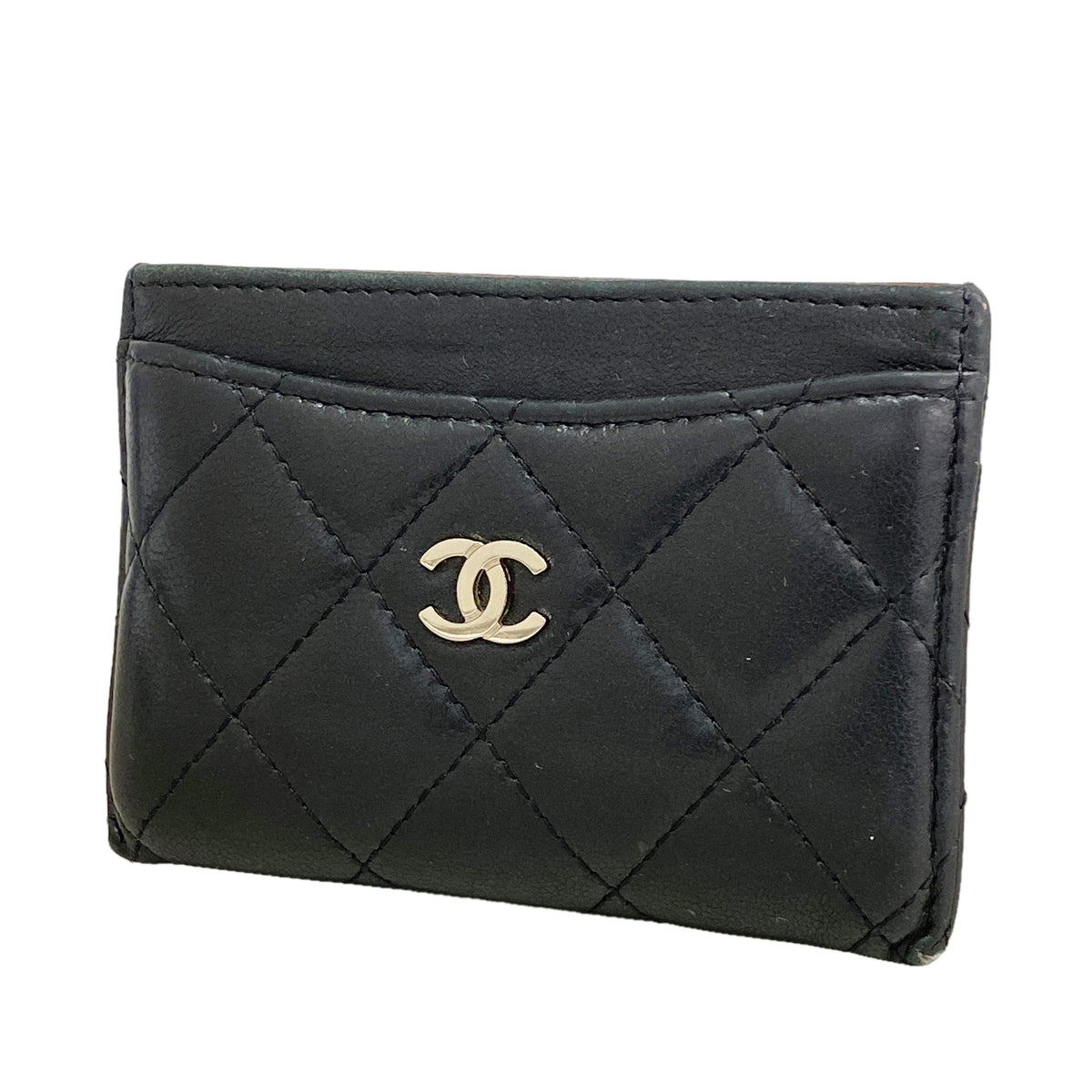 【6ie6645】シャネル カードケース マトラッセ ラムスキン ブラック シルバー金具【中古】レディース