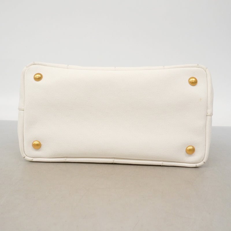 【6ie6676】プラダ トートバッグ カナパ キャンバス ホワイト ゴールド金具 2wayバッグ【中古】レディース