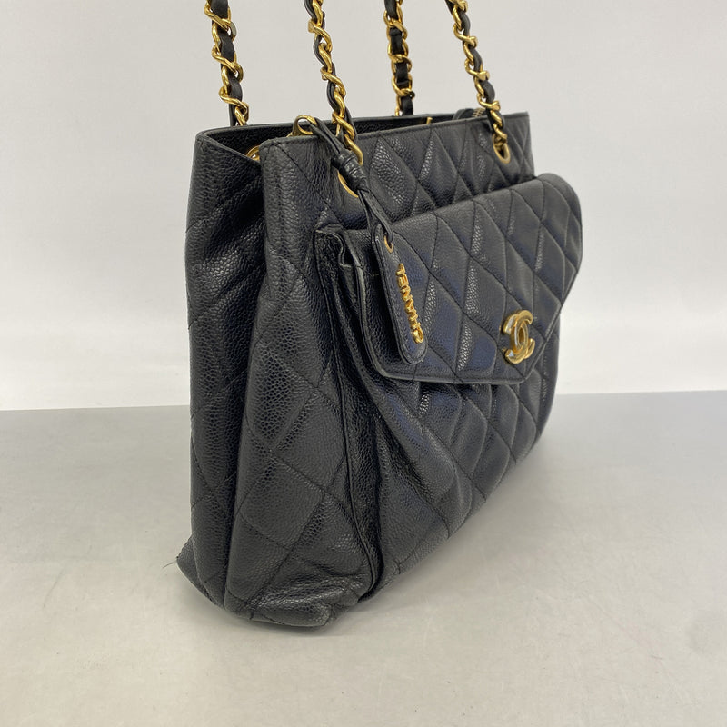 【6ie6717】シャネル チェーントート マトラッセ キャビアスキン ブラック ゴールド金具【中古】レディース