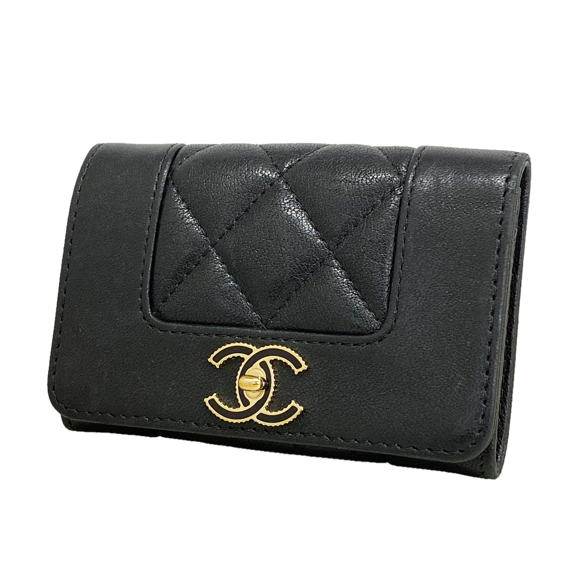 【6ie6728】シャネル カードケース マドモアゼル ラムスキン ブラック ゴールド金具【中古】レディース