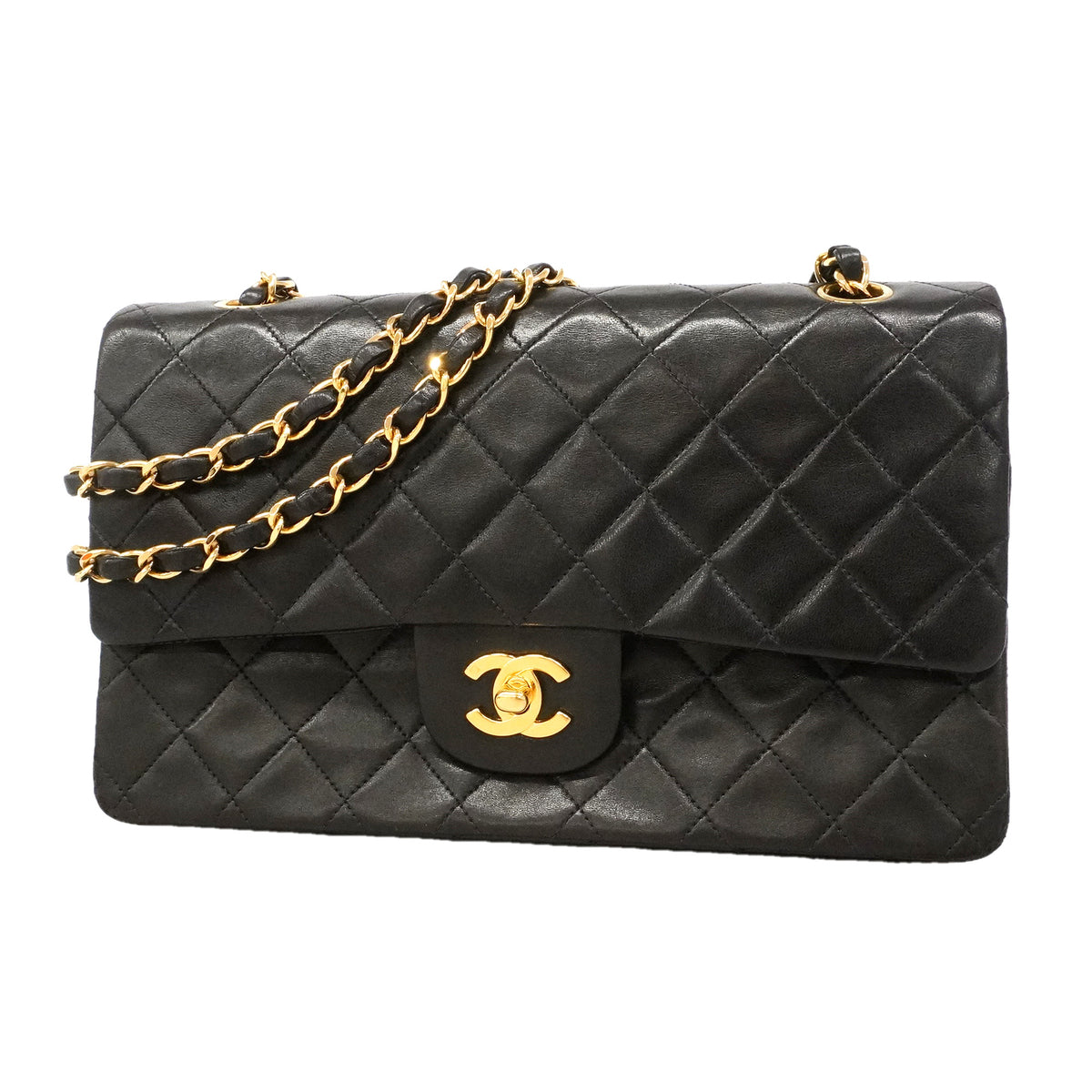 【6ie6789】シャネル ショルダーバッグ マトラッセ Wフラップ Wチェーン ラムスキン ブラック ゴールド金具【中古】レディース