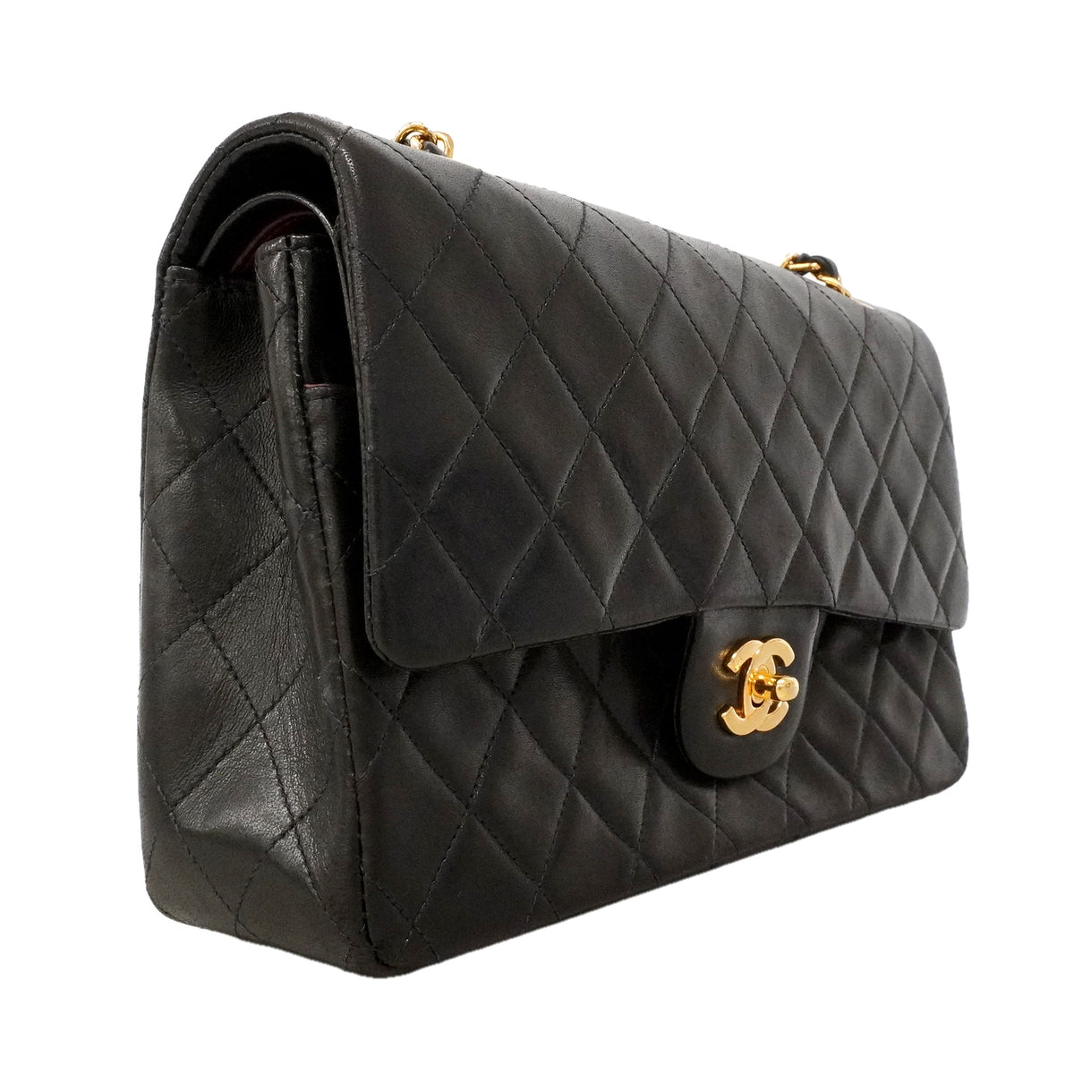 【6ie6789】シャネル ショルダーバッグ マトラッセ Wフラップ Wチェーン ラムスキン ブラック ゴールド金具【中古】レディース