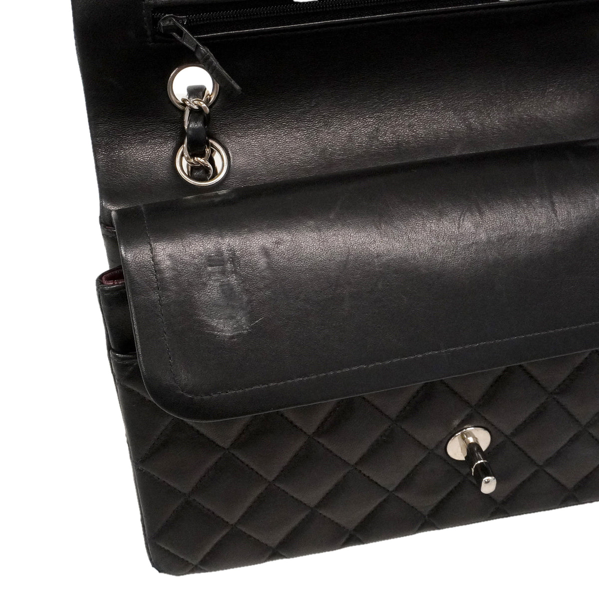 【6ie6790】シャネル ショルダーバッグ マトラッセ Wフラップ Wチェーン ラムスキン ブラック シルバー金具【中古】レディース