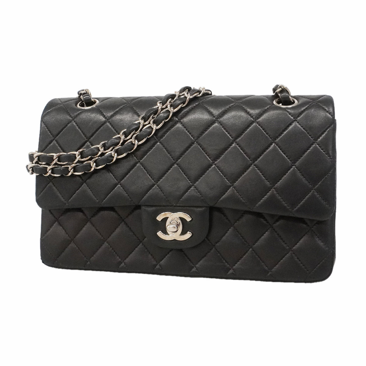 【6ie6790】シャネル ショルダーバッグ マトラッセ Wフラップ Wチェーン ラムスキン ブラック シルバー金具【中古】レディース