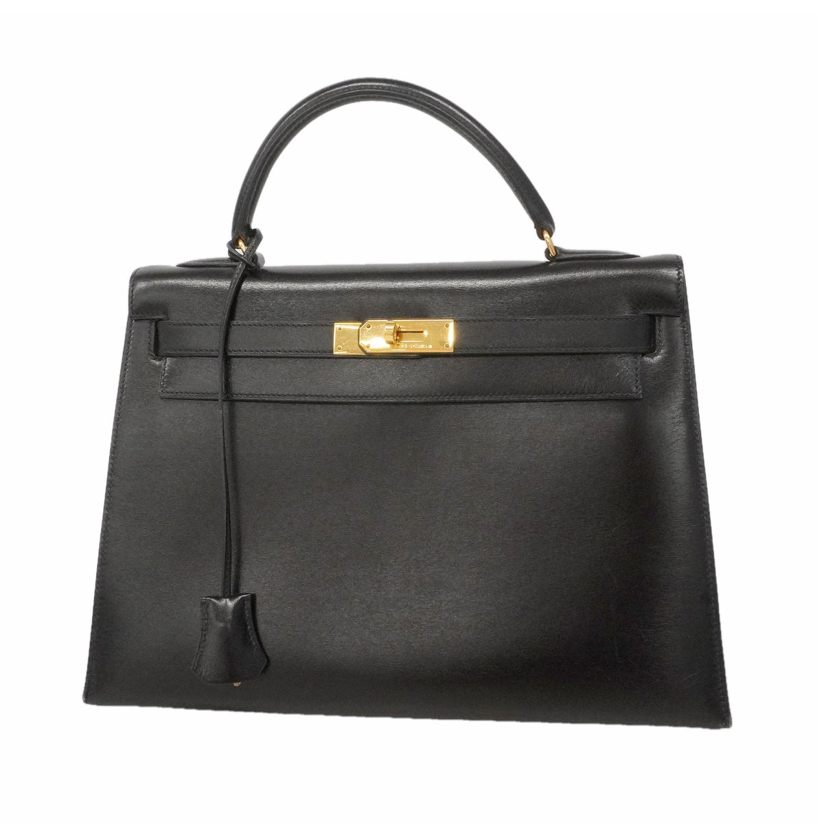 【6ie6792】エルメス ハンドバッグ ケリー32 ボックスカーフ ブラック ゴールド金具 ○T刻印【中古】レディース