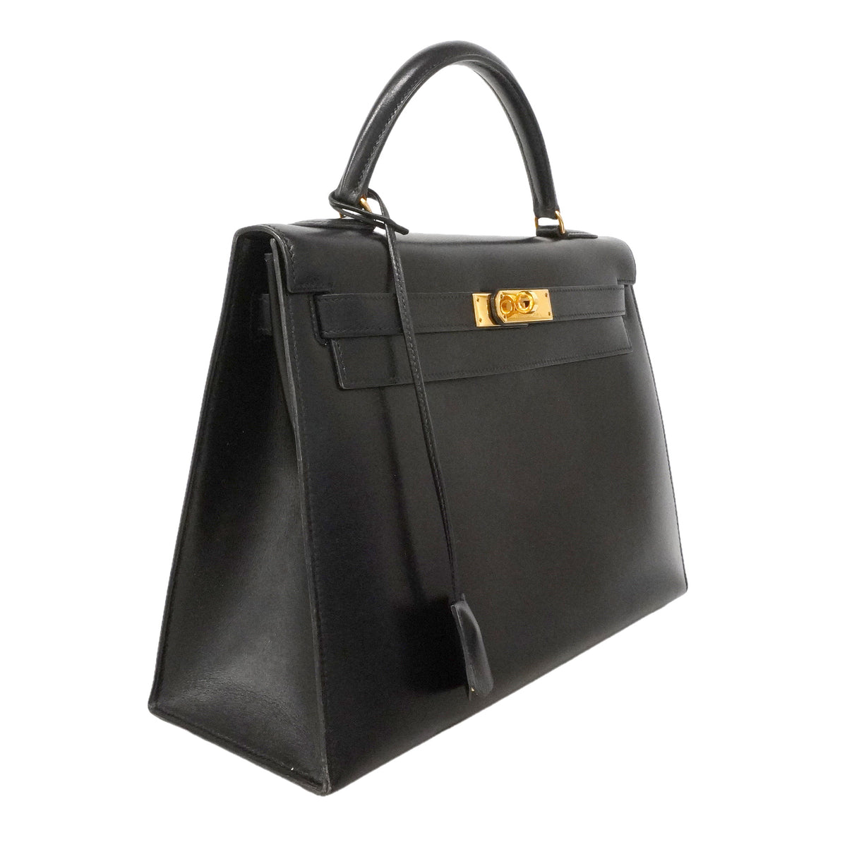 【6ie6792】エルメス ハンドバッグ ケリー32 ボックスカーフ ブラック ゴールド金具 ○T刻印【中古】レディース