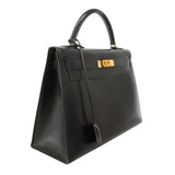 【6ie6792】エルメス ハンドバッグ ケリー32 ボックスカーフ ブラック ゴールド金具 ○T刻印【中古】レディース