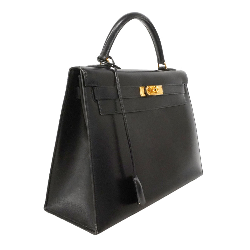 【6ie6792】エルメス ハンドバッグ ケリー32 ボックスカーフ ブラック ゴールド金具 ○T刻印【中古】レディース