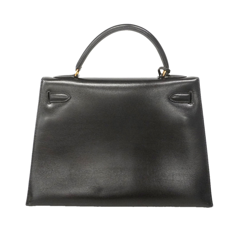 【6ie6792】エルメス ハンドバッグ ケリー32 ボックスカーフ ブラック ゴールド金具 ○T刻印【中古】レディース