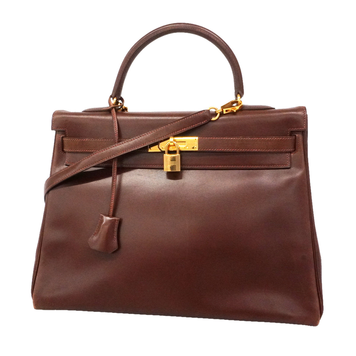 【6ie6793】エルメス ハンドバッグ ケリー35 ボックスカーフ ノアゼット ゴールド金具 □D刻印 2wayバッグ【中古】レディース