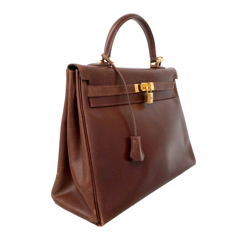 【6ie6793】エルメス ハンドバッグ ケリー35 ボックスカーフ ノアゼット ゴールド金具 □D刻印 2wayバッグ【中古】レディース