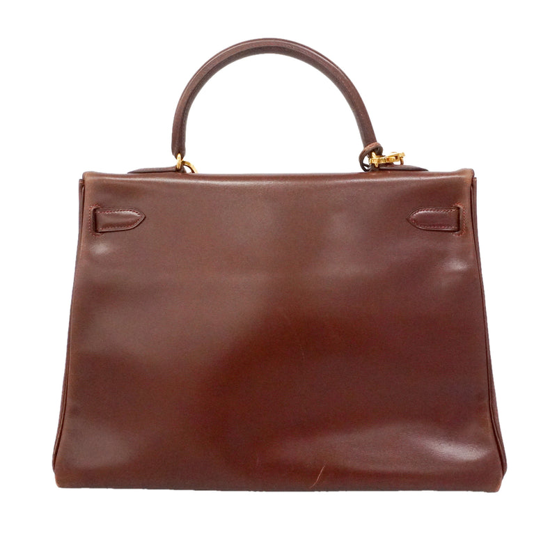 【6ie6793】エルメス ハンドバッグ ケリー35 ボックスカーフ ノアゼット ゴールド金具 □D刻印 2wayバッグ【中古】レディース