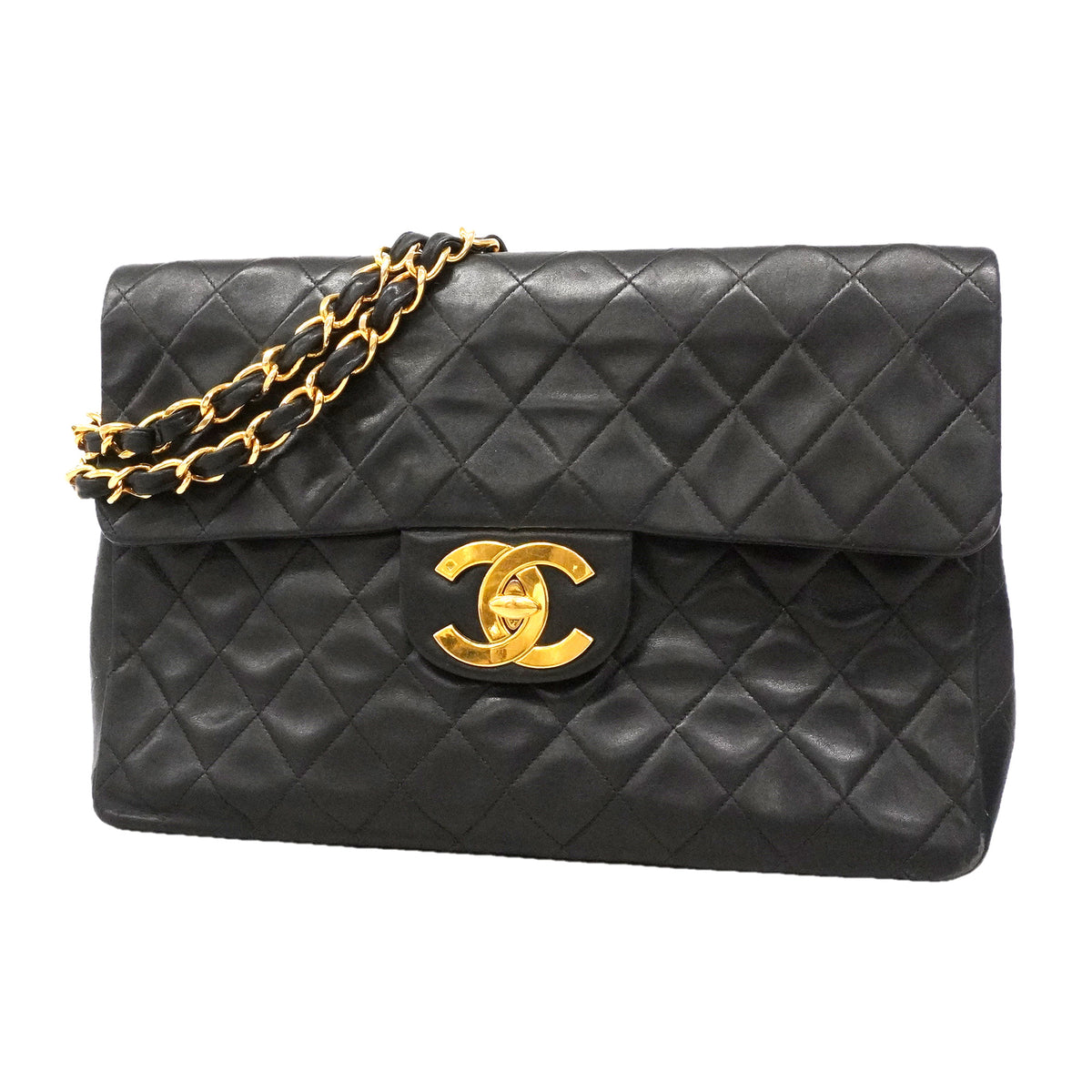 【6ie6820】シャネル ショルダーバッグ デカマトラッセ Wチェーン ラムスキン ブラック ゴールド金具【中古】レディース
