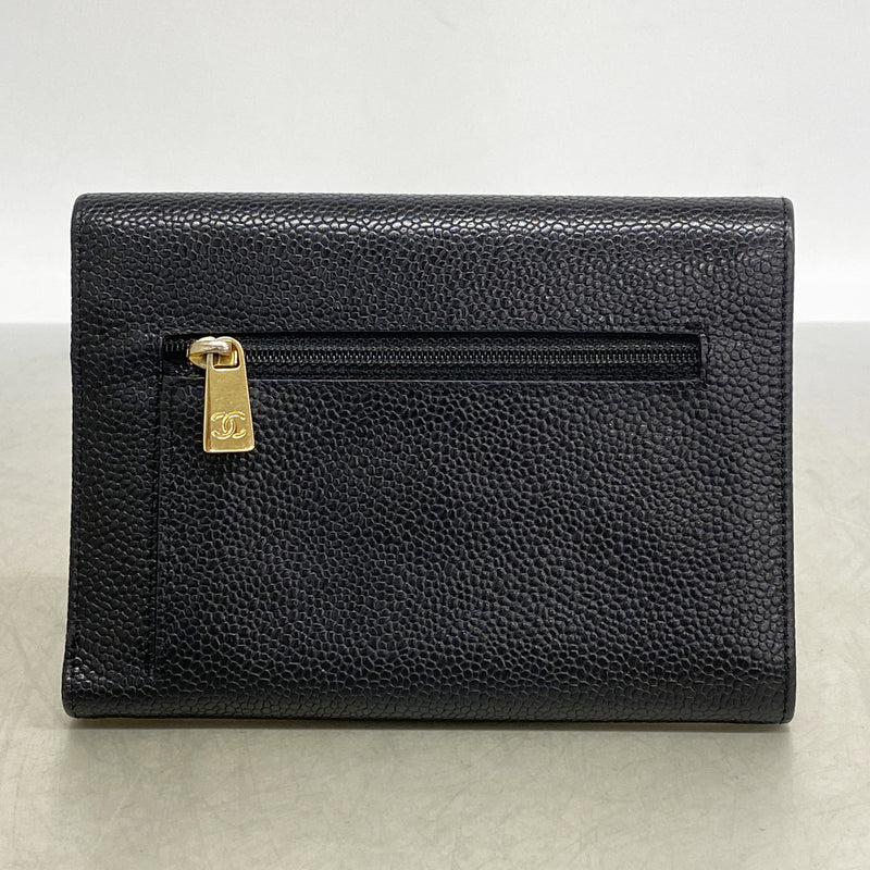 【6ie6830】シャネル 三つ折り財布 キャビアスキン ブラック シャンパンゴールド金具【中古】レディース