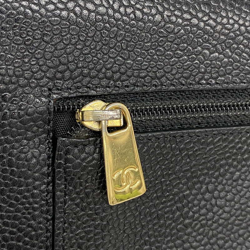 【6ie6830】シャネル 三つ折り財布 キャビアスキン ブラック シャンパンゴールド金具【中古】レディース