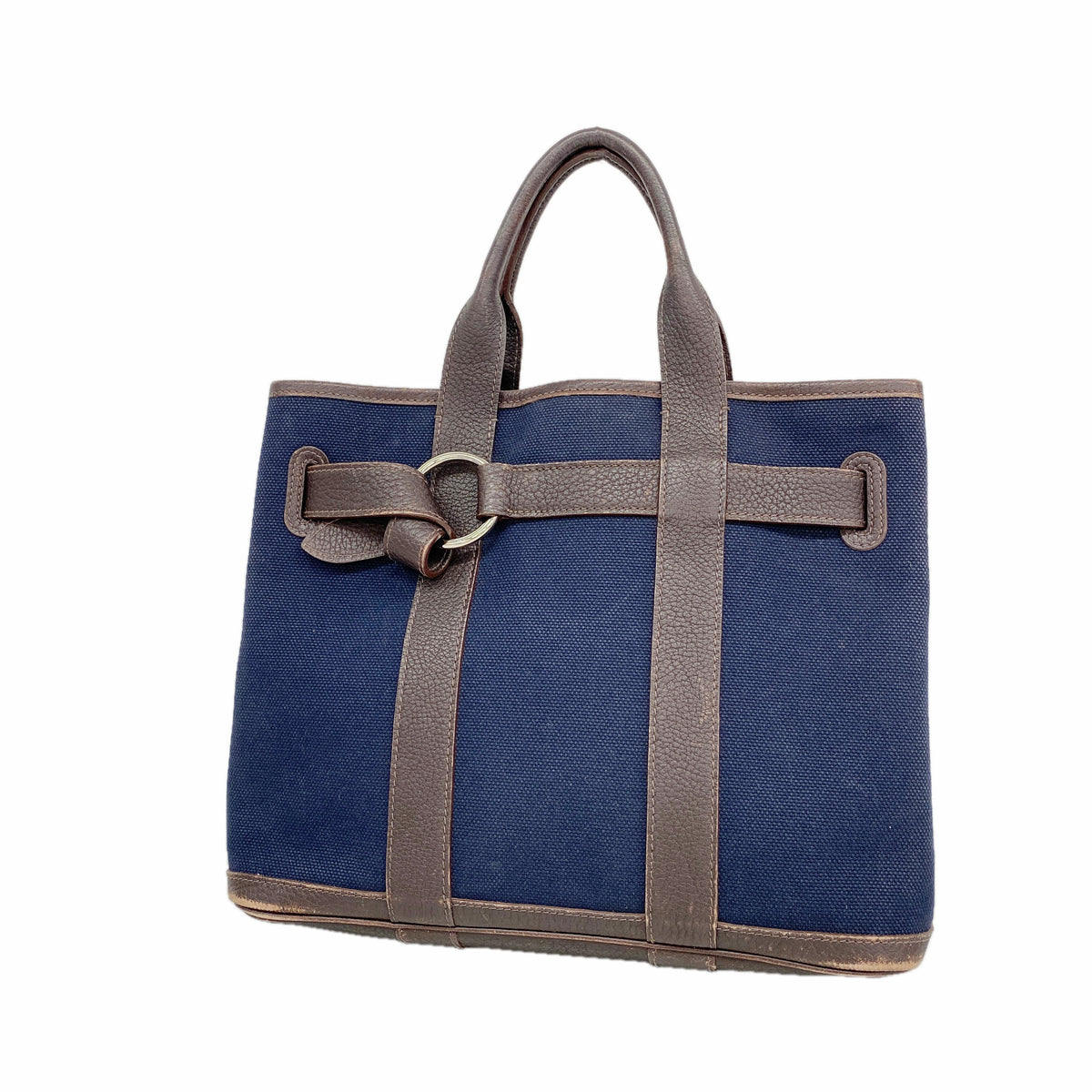 【6ie6835】エルメス トートバッグ プティットサンチュールPM トワルアッシュ ネイビー ブラウン シルバー金具 □J刻印【中古】レディース