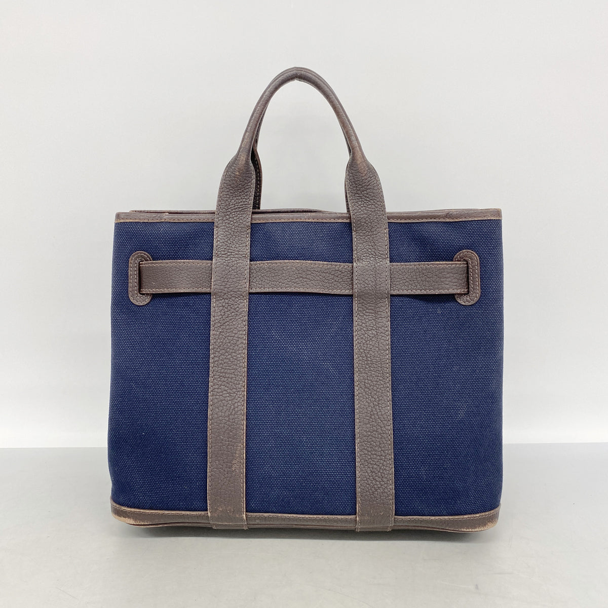 【6ie6835】エルメス トートバッグ プティットサンチュールPM トワルアッシュ ネイビー ブラウン シルバー金具 □J刻印【中古】レディース