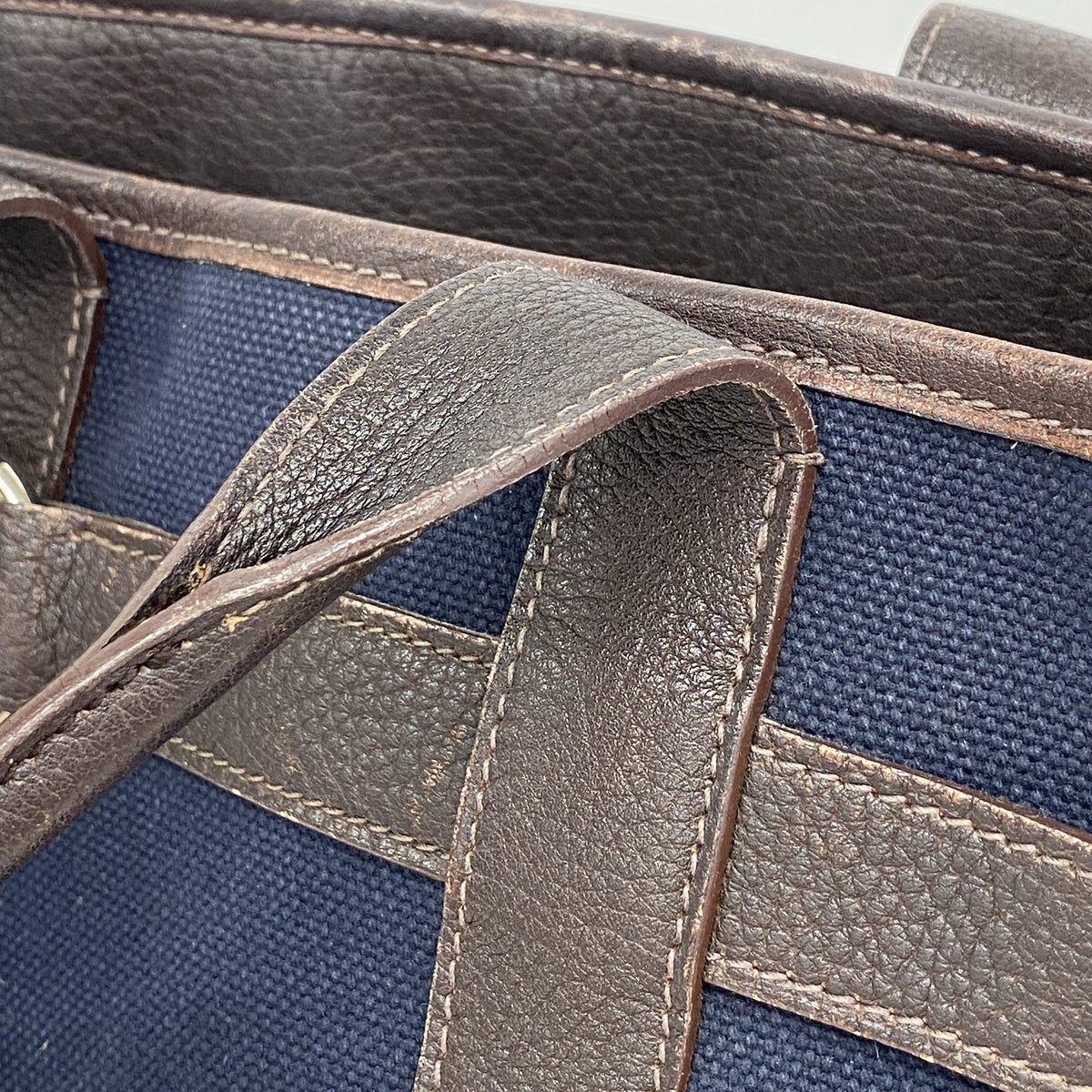 【6ie6835】エルメス トートバッグ プティットサンチュールPM トワルアッシュ ネイビー ブラウン シルバー金具 □J刻印【中古】レディース