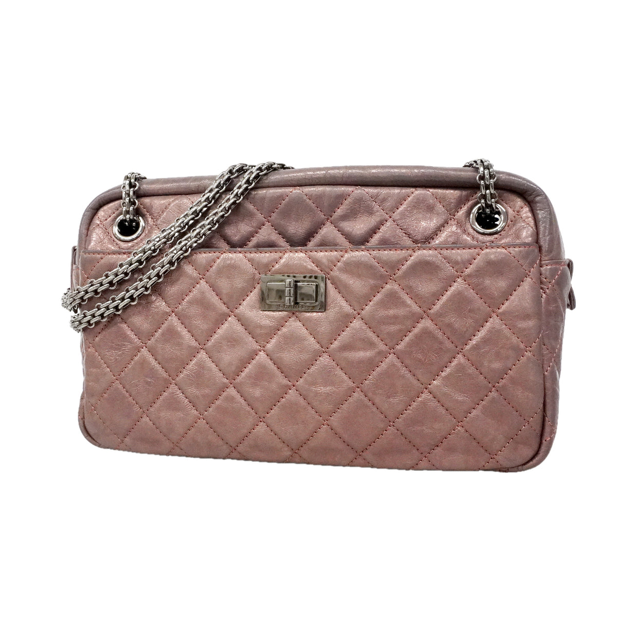 【6ie6902】シャネル ショルダーバッグ 2.55/マトラッセ チェーンショルダー レザー メタルピンク シルバー金具【中古】レディース