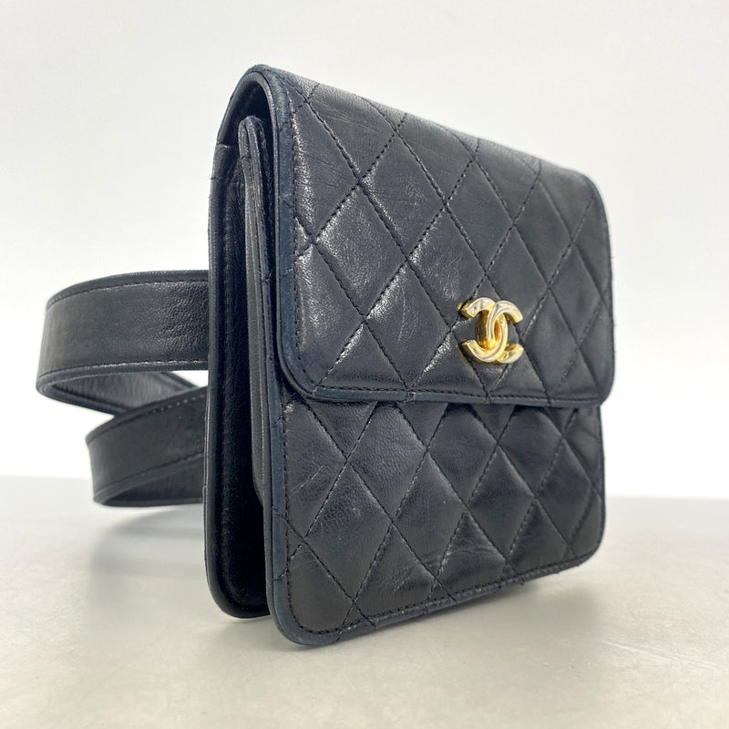 【6ie6960】シャネル ウエストバッグ マトラッセ ラムスキン ブラック ゴールド金具【中古】レディース