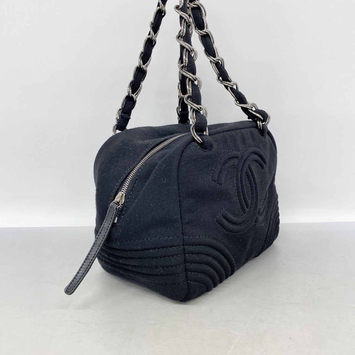 【6ie6969】シャネル チェーントート ジャージー ブラック シルバー金具【中古】レディース