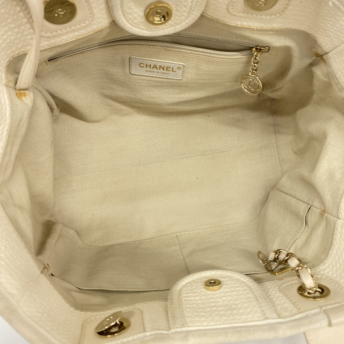 【6ie6989】シャネル チェーントート ドーヴィル キャンバス ホワイト シャンパンゴールド金具 2wayバッグ【中古】レディース