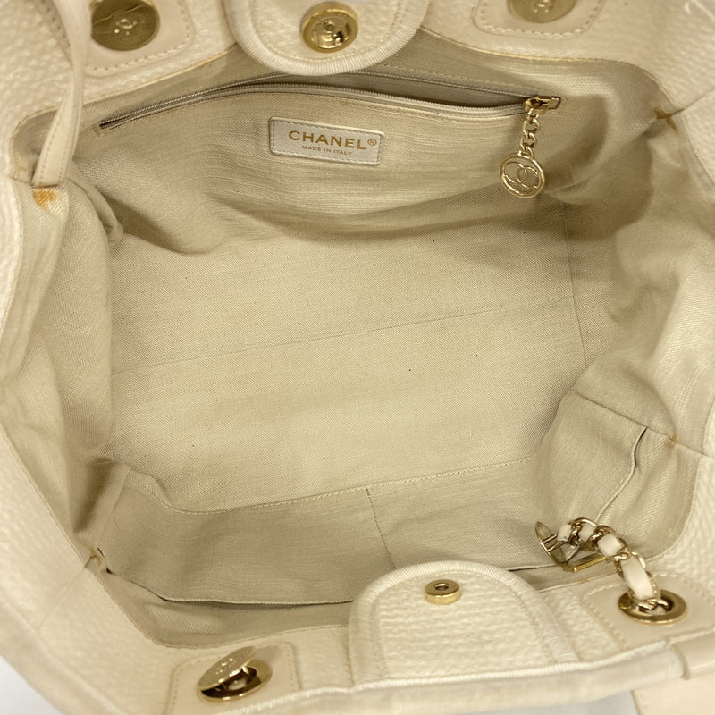 【6ie6989】シャネル チェーントート ドーヴィル キャンバス ホワイト シャンパンゴールド金具 2wayバッグ【中古】レディース