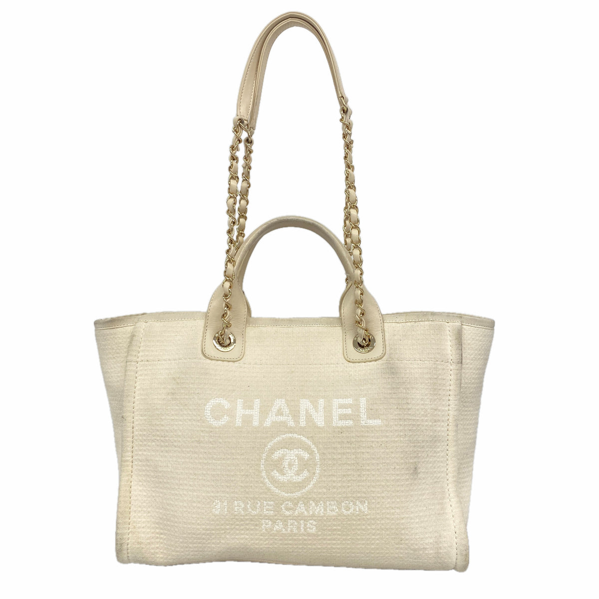 【6ie6989】シャネル チェーントート ドーヴィル キャンバス ホワイト シャンパンゴールド金具 2wayバッグ【中古】レディース