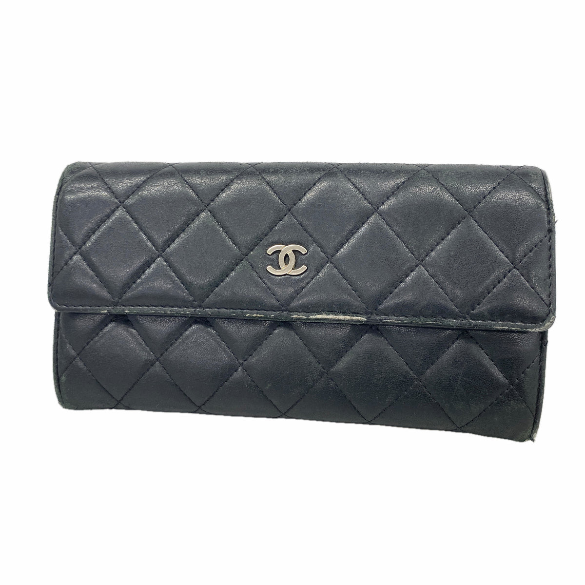 【6ie6990】シャネル 長財布 マトラッセ ラムスキン ブラック シルバー金具【中古】レディース