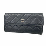 【6ie6990】シャネル 長財布 マトラッセ ラムスキン ブラック シルバー金具【中古】レディース
