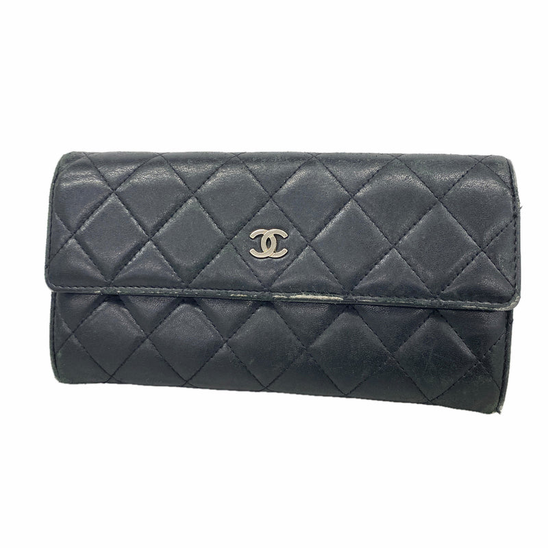 【6ie6990】シャネル 長財布 マトラッセ ラムスキン ブラック シルバー金具【中古】レディース