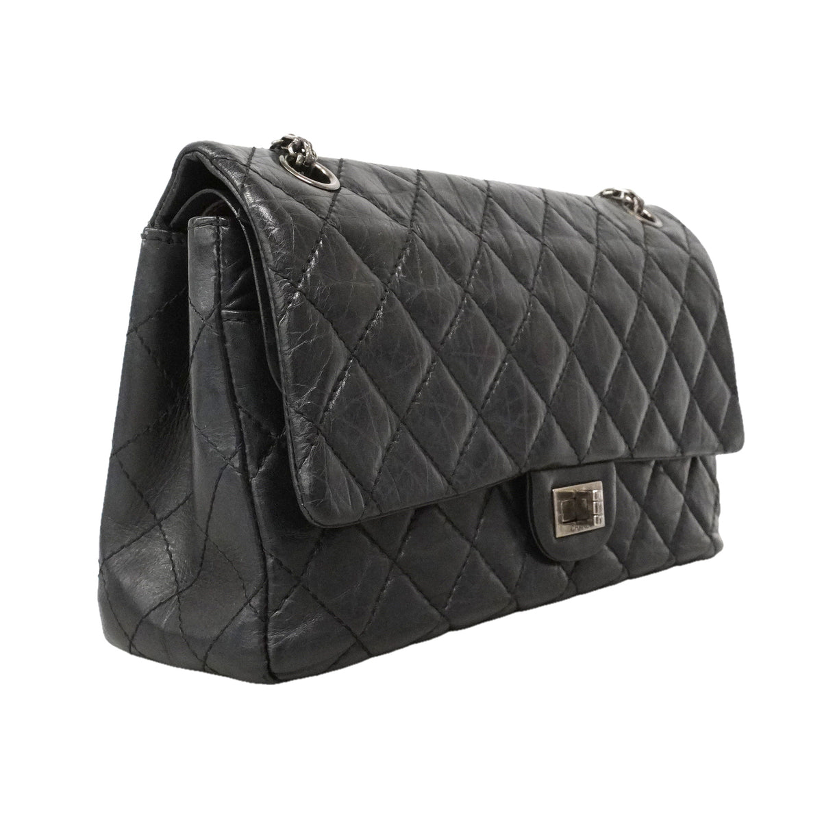 【6ie7017】シャネル ショルダーバッグ 2.55/マトラッセ Wフラップ Wチェーン レザー ブラック シルバー金具【中古】レディース