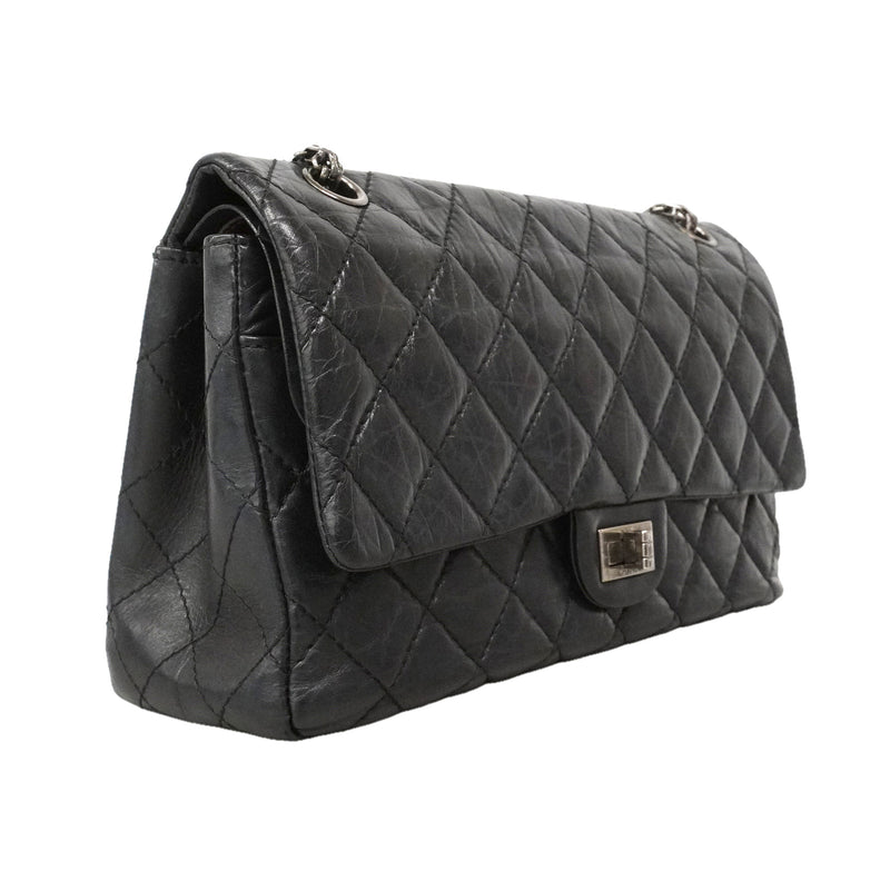 【6ie7017】シャネル ショルダーバッグ 2.55/マトラッセ Wフラップ Wチェーン レザー ブラック シルバー金具【中古】レディース