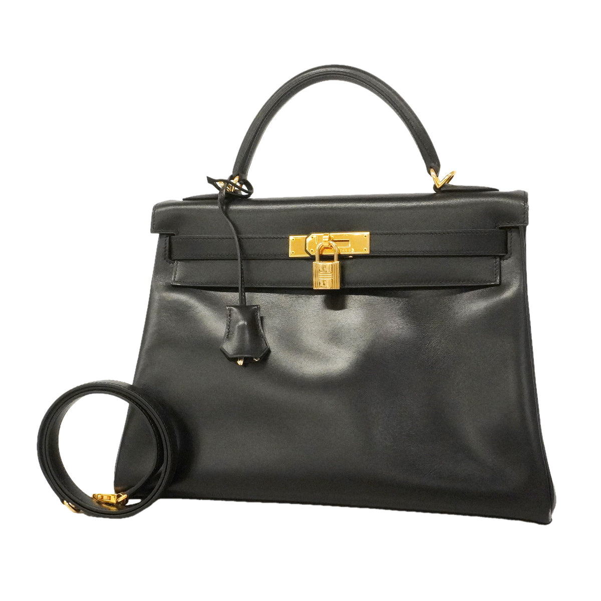 【6ie7162】エルメス ハンドバッグ ケリー32 ボックスカーフ ブラック ゴールド金具 □D刻印 2wayバッグ【中古】レディース