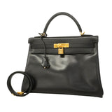 【6ie7162】エルメス ハンドバッグ ケリー32 ボックスカーフ ブラック ゴールド金具 □D刻印 2wayバッグ【中古】レディース