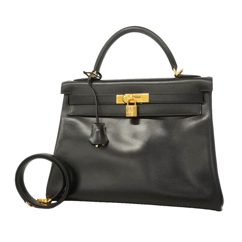 【6ie7162】エルメス ハンドバッグ ケリー32 ボックスカーフ ブラック ゴールド金具 □D刻印 2wayバッグ【中古】レディース