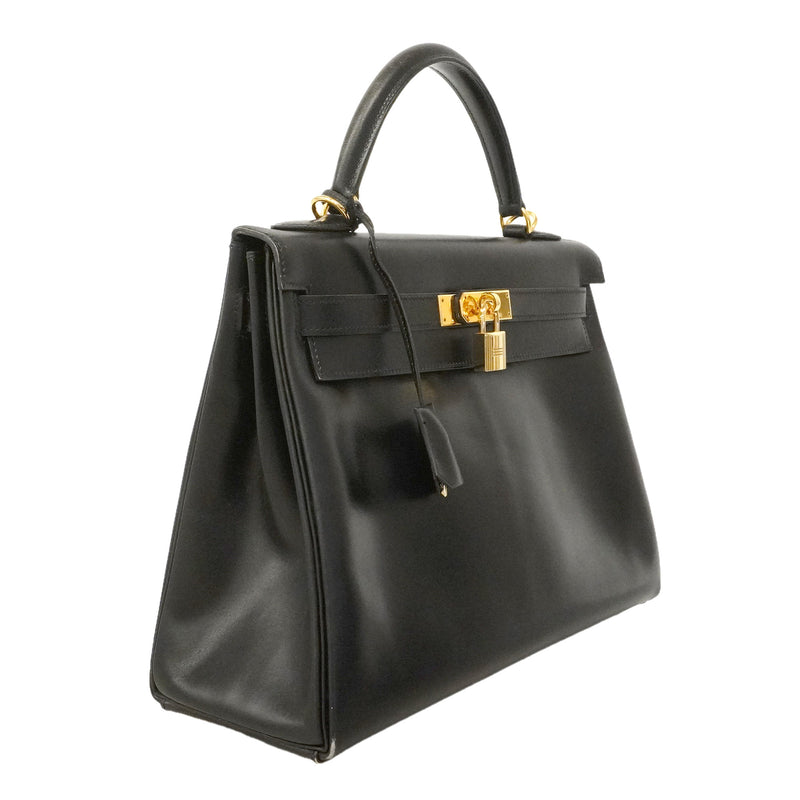 【6ie7162】エルメス ハンドバッグ ケリー32 ボックスカーフ ブラック ゴールド金具 □D刻印 2wayバッグ【中古】レディース