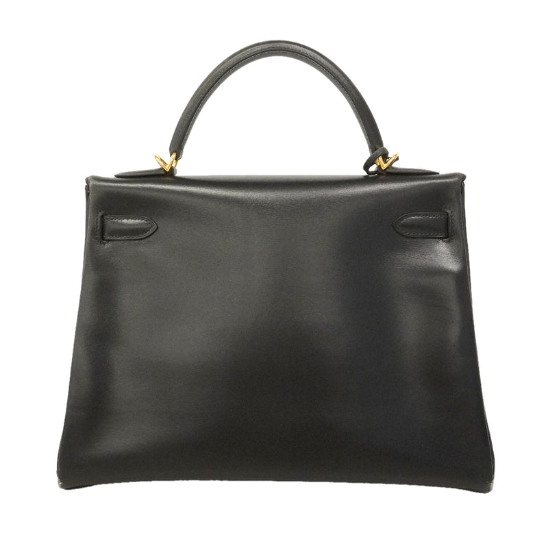 【6ie7162】エルメス ハンドバッグ ケリー32 ボックスカーフ ブラック ゴールド金具 □D刻印 2wayバッグ【中古】レディース