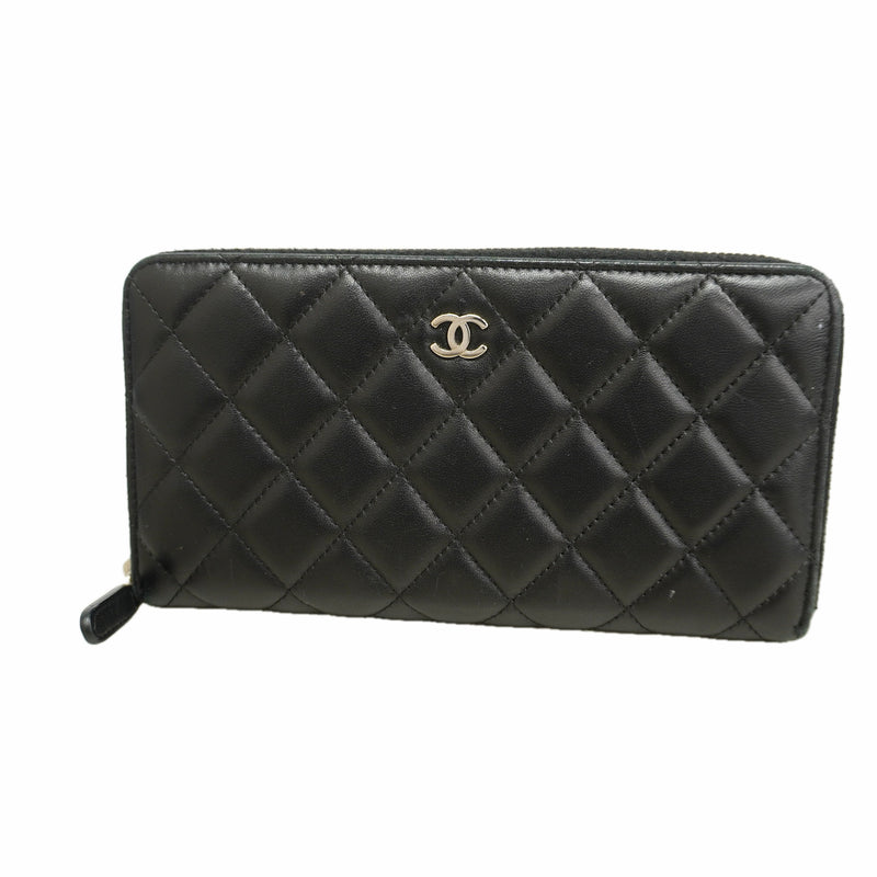 【6ie7279】シャネル 長財布 マトラッセ ラムスキン ブラック シルバー金具【中古】レディース
