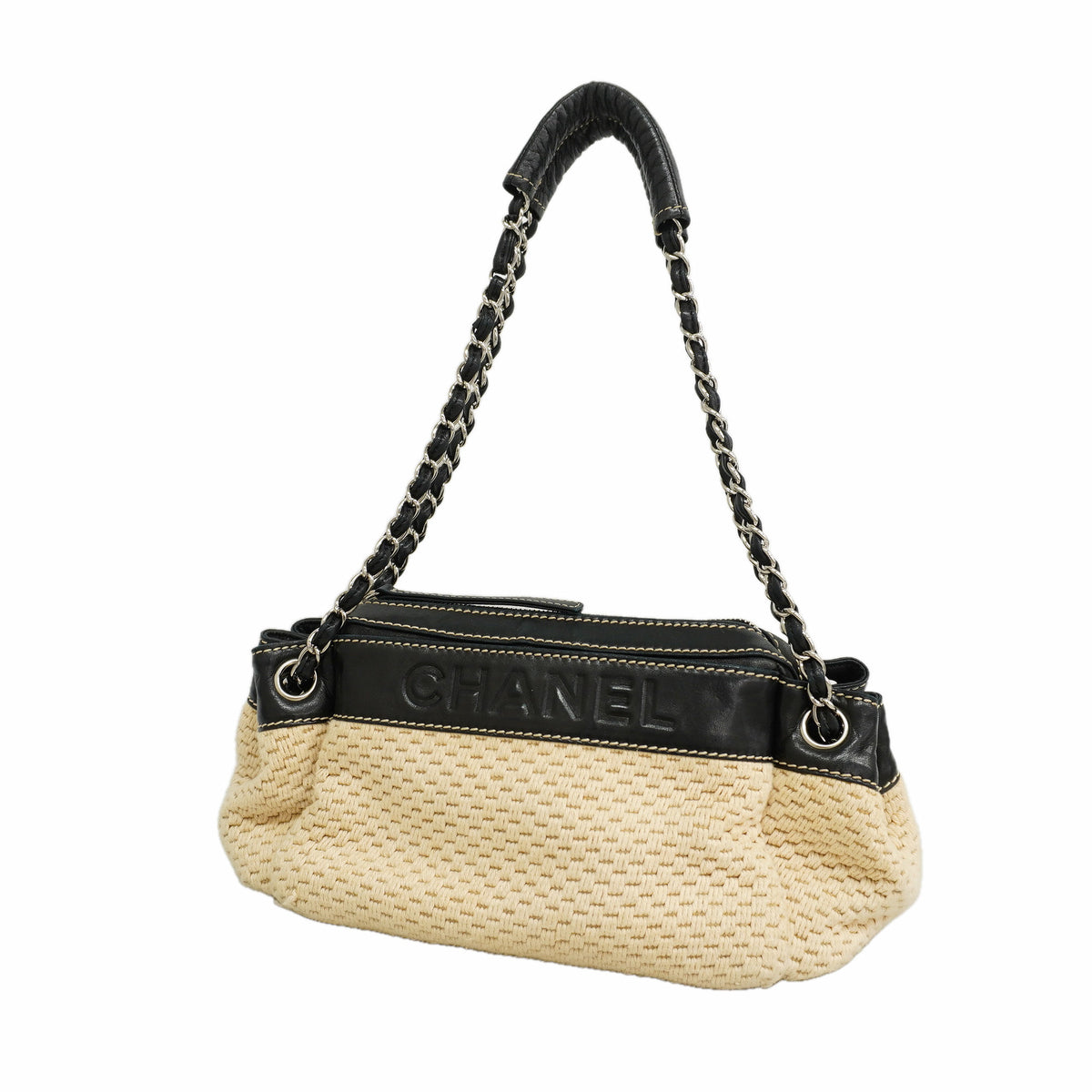 【6ie7296】シャネル ショルダーバッグ チェーンショルダー キャンバス ベージュ ブラック シルバー金具【中古】レディース