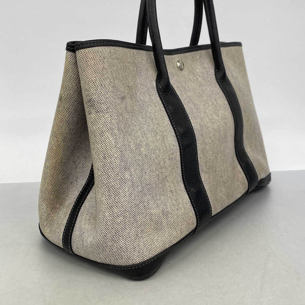 【6ie7332-h】エルメス トートバッグ ガーデンパーティPM トワルアッシュ ブラック ベージュ シルバー金具 □F刻印【中古】レディース