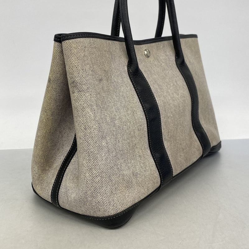 【6ie7332-h】エルメス トートバッグ ガーデンパーティPM トワルアッシュ ブラック ベージュ シルバー金具 □F刻印【中古】レディース