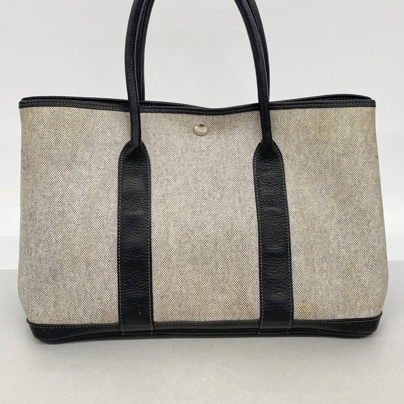 【6ie7332-h】エルメス トートバッグ ガーデンパーティPM トワルアッシュ ブラック ベージュ シルバー金具 □F刻印【中古】レディース